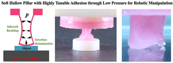 Soft Hollow Pillar with Highly Tunable Adhesion through Low Pressure for Robotic Manupulation