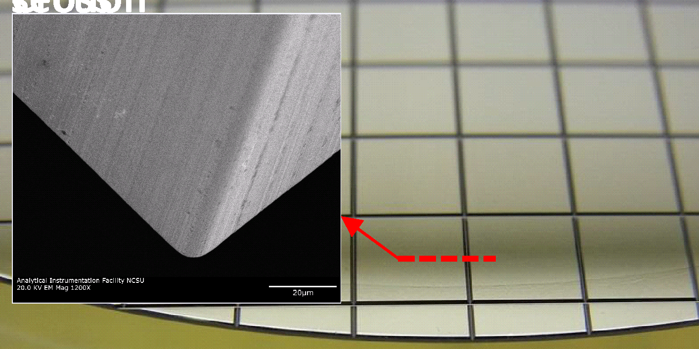 Fig. 3. Wafer image after bevel dicing. Scanning Electron Microscope (SEM) image of bevel surface with 45 degree blade is also shown.