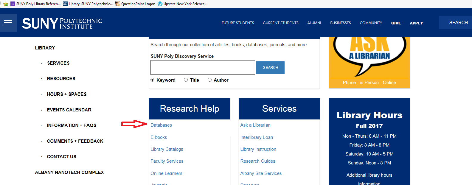 shows location of Databases link on the SUNY Poly Library home page