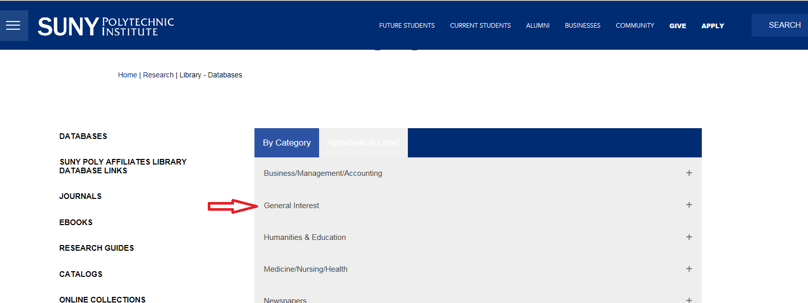 Shows location of General Interest category on library databases page