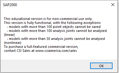 Screenshot of SAP 2000 educational version disclaimer