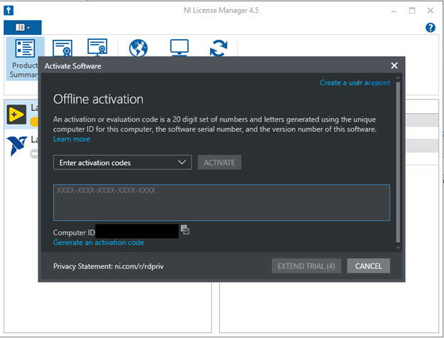 Screenshot of National Instruments offline software activation screen