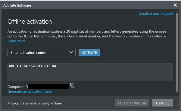 Screenshot of National Instruments offline software activation screen with activation code filled out