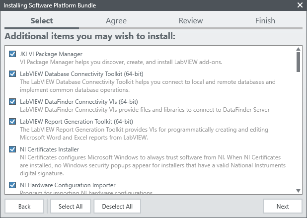 Screenshot of Labview installer additional items screen