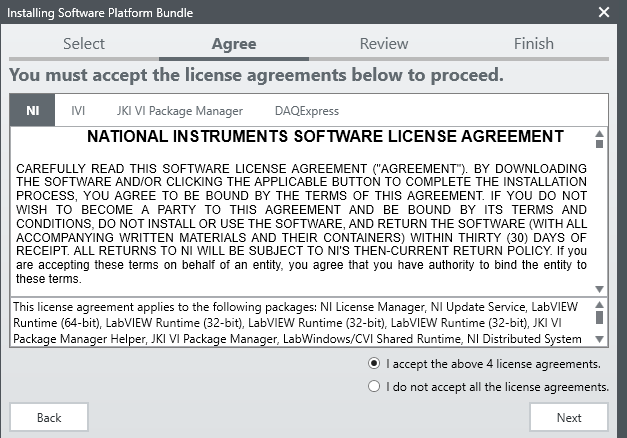 Screenshot of Labview installer license agreement screen