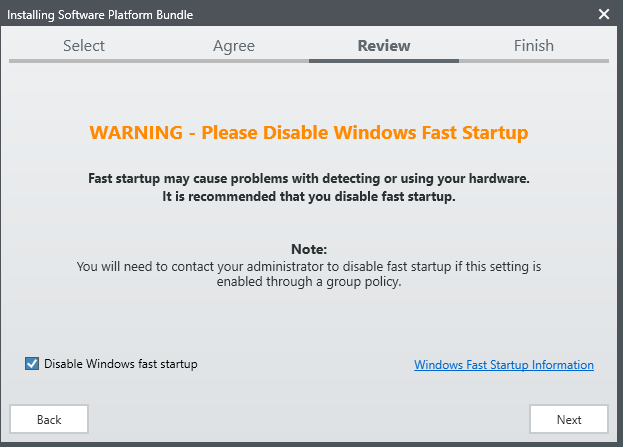 Screenshot of Labview installer review screen with the box for disable windows fast startup checked