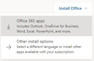 Screenshot of Microsoft Office 365 application install menu
