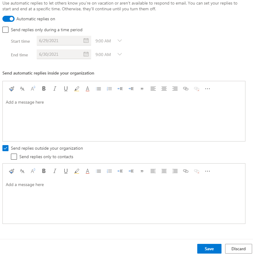 screenshot of the automatic reply settings in Outlook