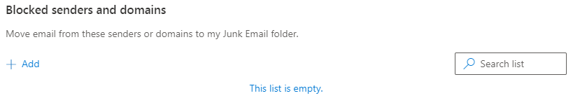 screenshot of the blocked senders and domains list in Outlook