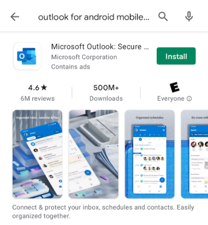 screenshot of the Microsoft Outlook app listing in the Google Play Store