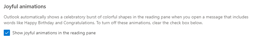 screenshot of the joyful animations settings in Outlook