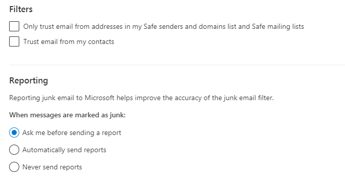 screenshot of the junk filter options in Outlook