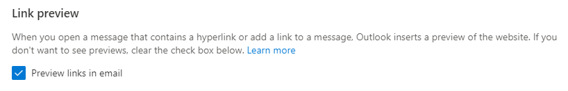 screenshot of the link preview settings in Outlook