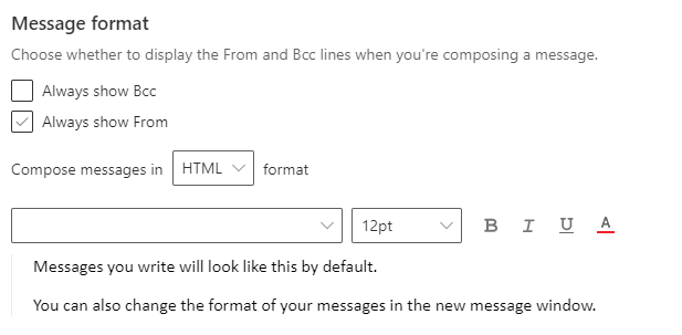 screenshot of the message format settings in Outlook