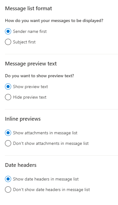 screenshot of the message list format settings in Outlook