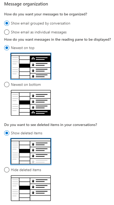 screenshot of the message organization settings in Outlook