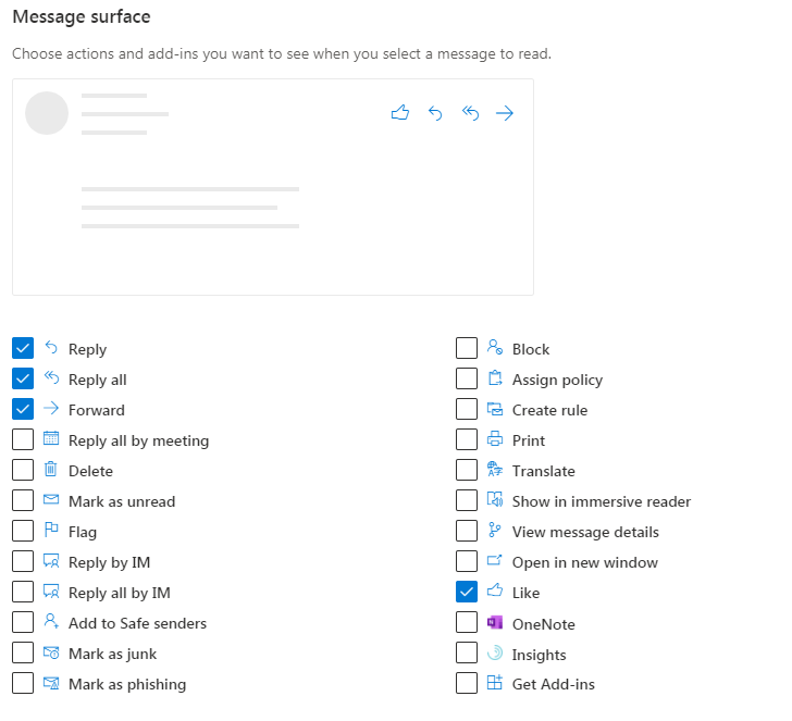 screenshot of the message surface settings in Outlook