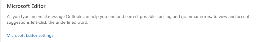 screenshot of the microsoft editor settings in Outlook