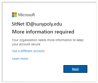 screenshot of the more information required for login message in Outlook