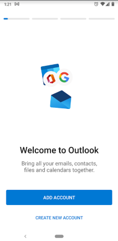 screenshot of the welcome screen in the Outlook for Android app