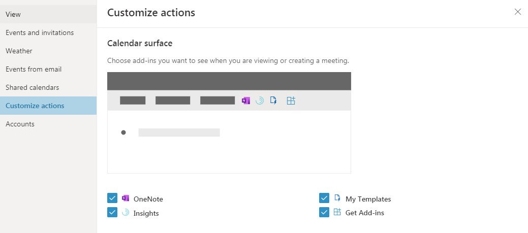 screenshot of the customize actions settings in Outlook calendar