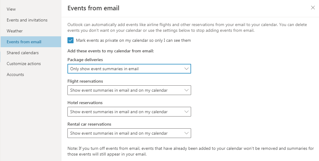 screenshot of the events from email settings in Outlook calendar