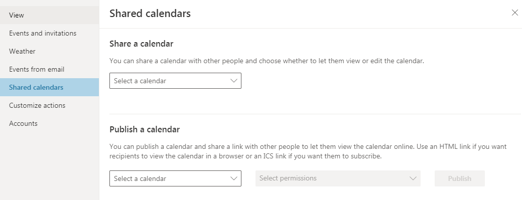 screenshot of the shared calendar settings in Outlook calendar