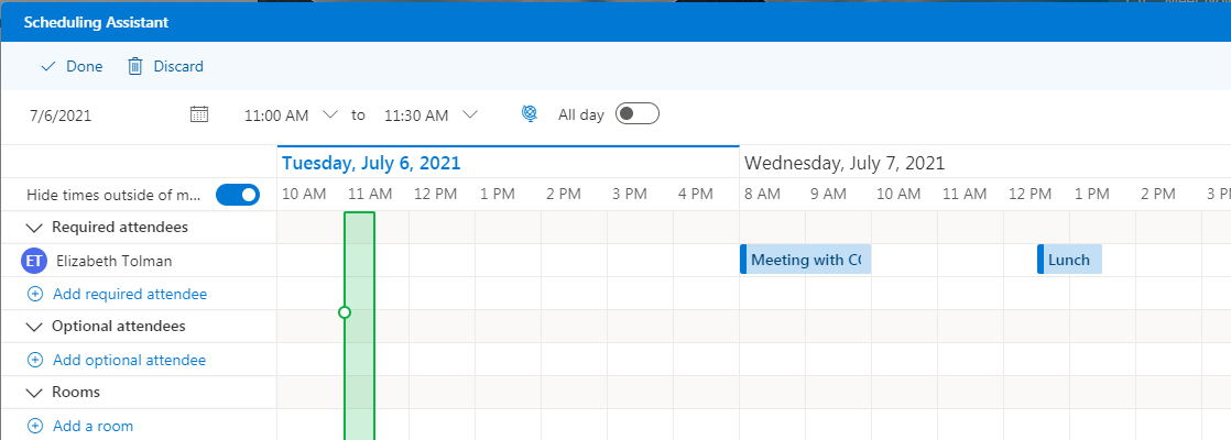 screenshot of the required and optional attendees in the Outlook scheduling assistant