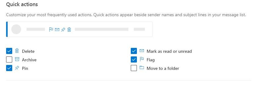 screenshot of the quick actions settings in Outlook