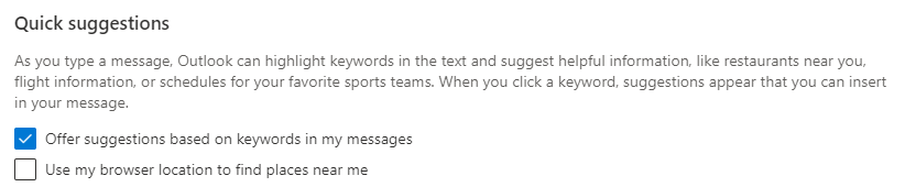 screenshot of the quick suggestions settings in Outlook