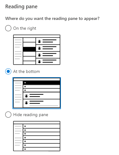 screenshot of the reading pane settings in Outlook