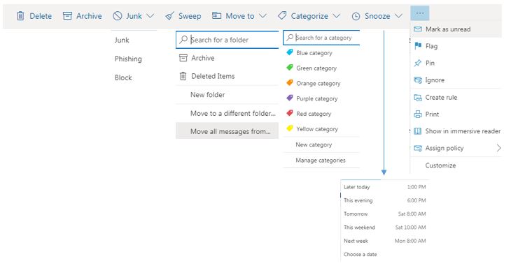 screenshot of the options for received emails in Outlook