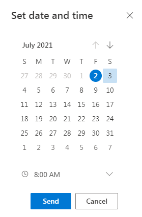 screenshot of send later scheduling calendar in Outlook