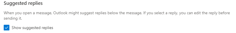 screenshot of the suggested replies settings in Outlook