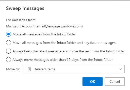 screenshot of the sweep settings in Outlook