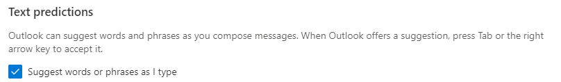 screenshot of the text predictions settings in Outlook