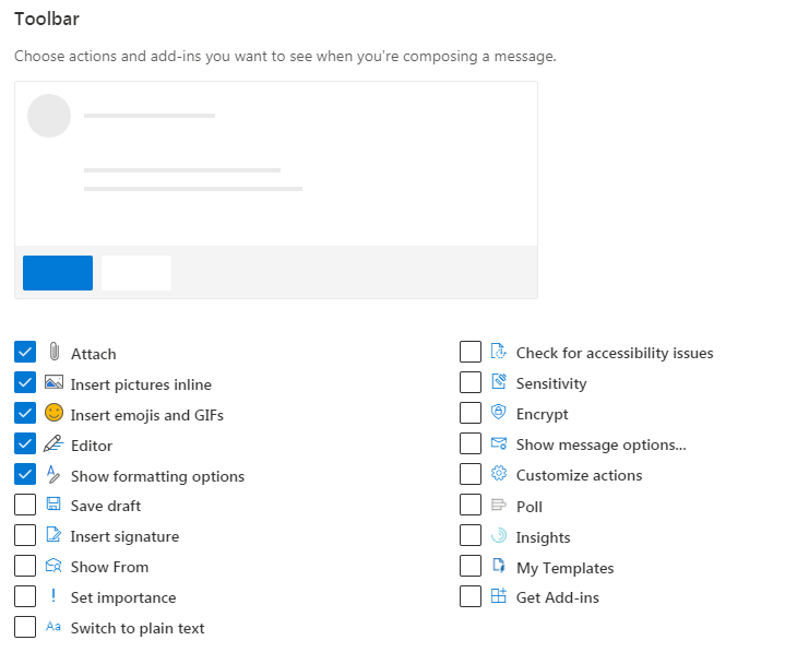 screenshot of the toolbar settings in Outlook