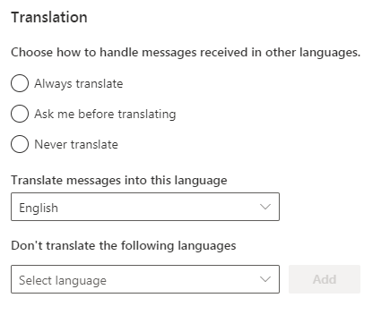 screenshot of the translation settings in Outlook