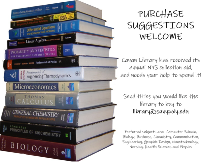 Image of a stack of textbooks with words inviting readers to suggest books for the library to purchase