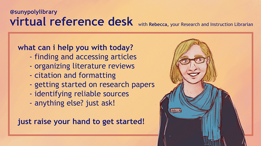 Image of librarian and list of services available virtually