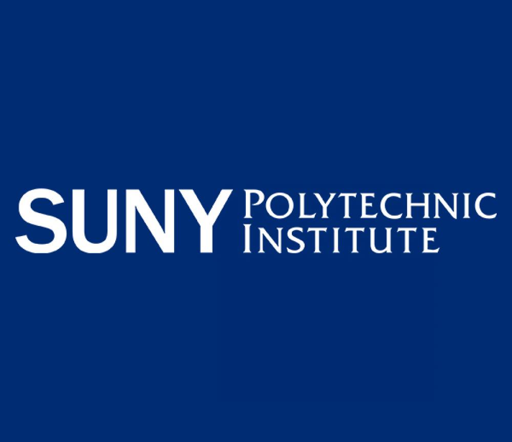 White SUNY Polytechnic Institute Logo on blue background