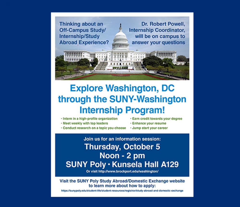 Flyer for SUNY Washington Internship Program, Showing text and an image of Washington DC